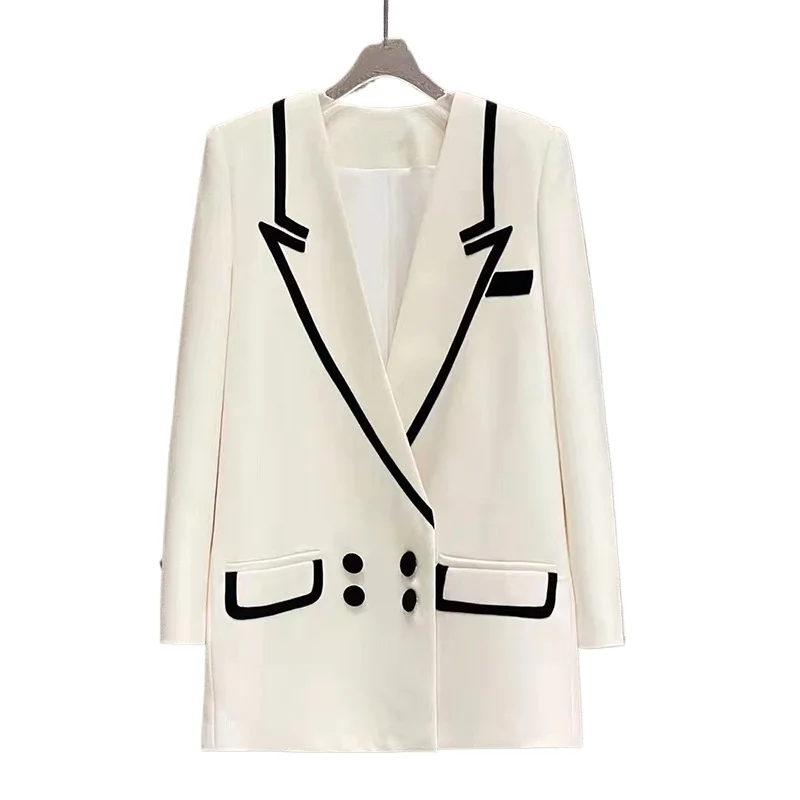 

Deep V Neck Double Breasted Blazer Women Black Spliced Lapel Pockets Suits Elegant Coats White Blazer Fashioin Mid Long Jackets