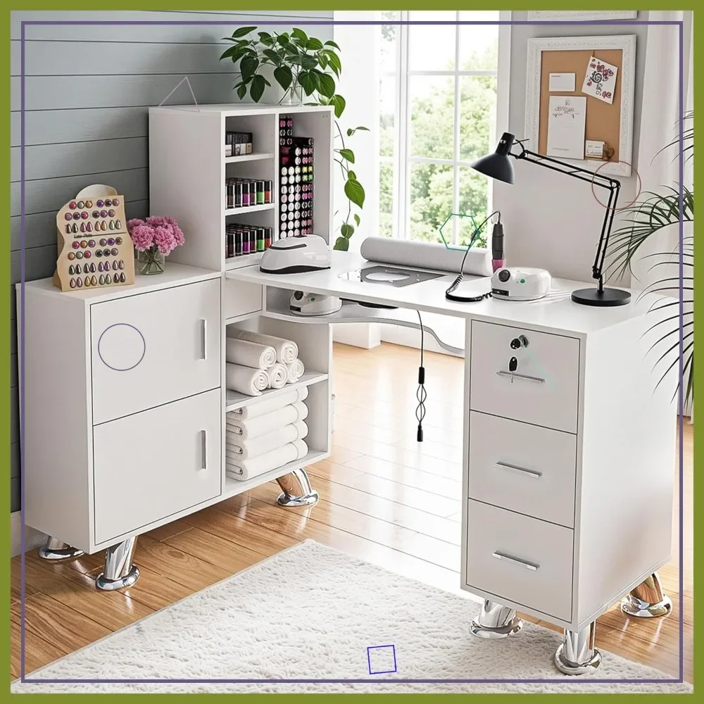 L-Shaped Nail Table with Dust Collector, Shelves & Drawers - White Salon Workstation