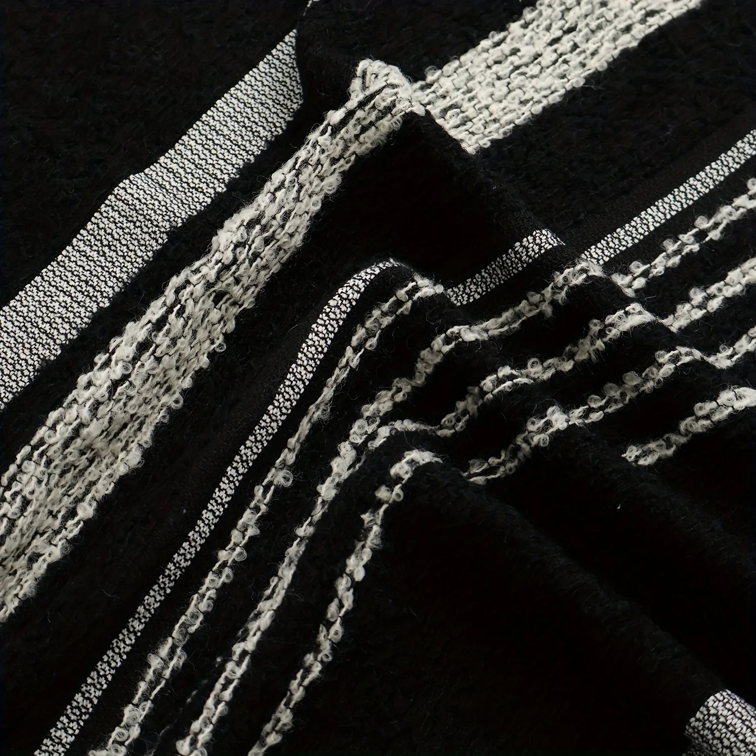 2 Yards Black and White Horizontal Stripesd Asymmetrical Wool Small Fragrant Woolen Tweed Woven Fabric