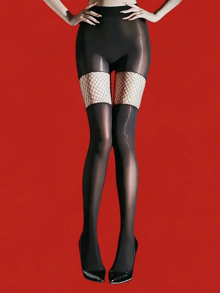 Fashion Woman Mesh Patchwork Pantyhose Oil Shiny Glossy Elastic Women's Shaping Stocking Seamless Crotch High Waist Maid Tights