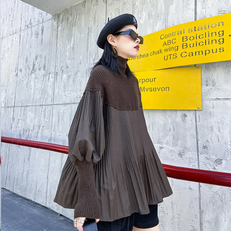 

Johnature 2024 New Autumn Winter Turtleneck Knitting Patchwork Pleated Sweaters Casual Fashion Loose Solid Color Women Sweaters