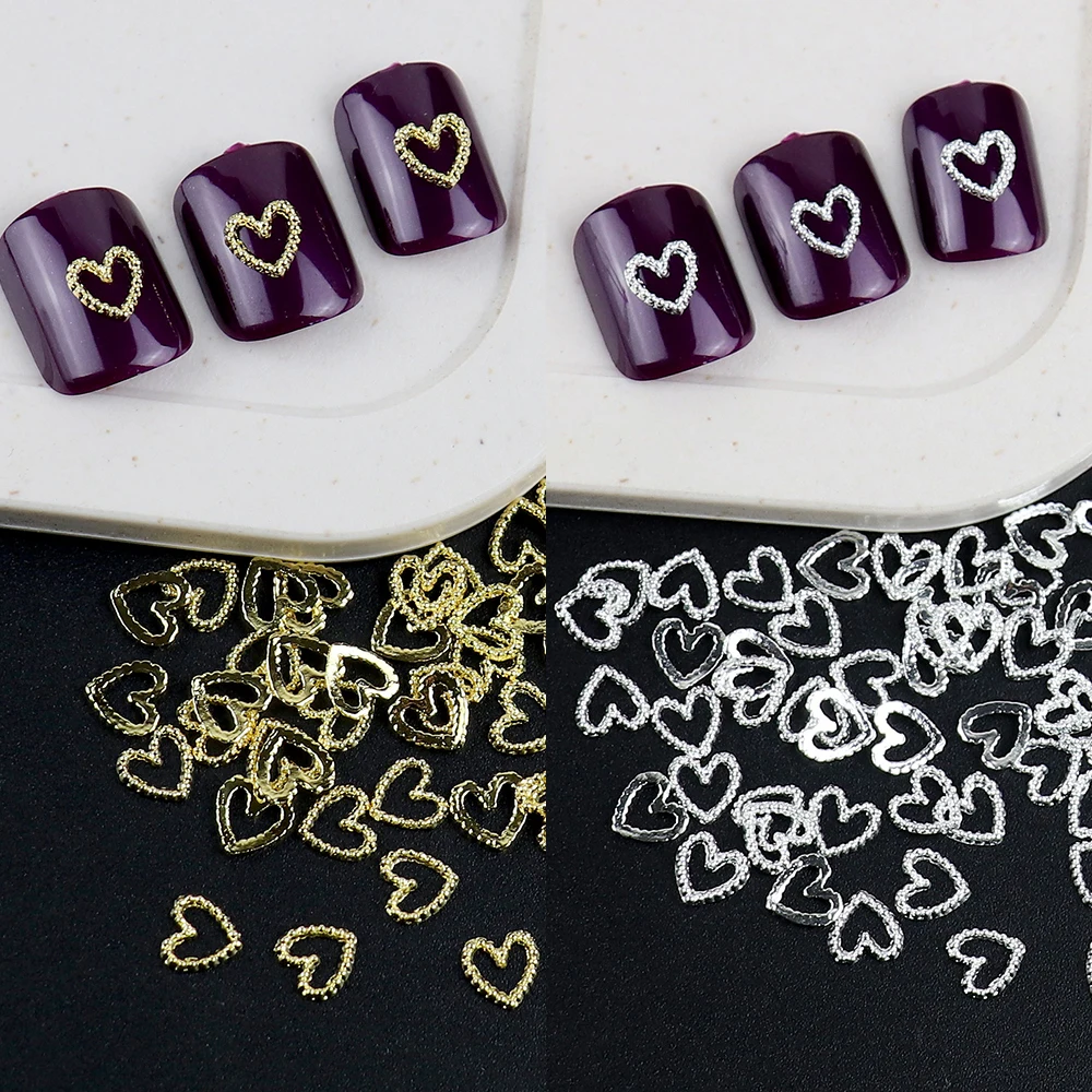 

60 Pcs Heart Shaped Alloy Nail Art Charms Gold Silver Metal Nail Studs DIY 3D Nail Decoration Accessories