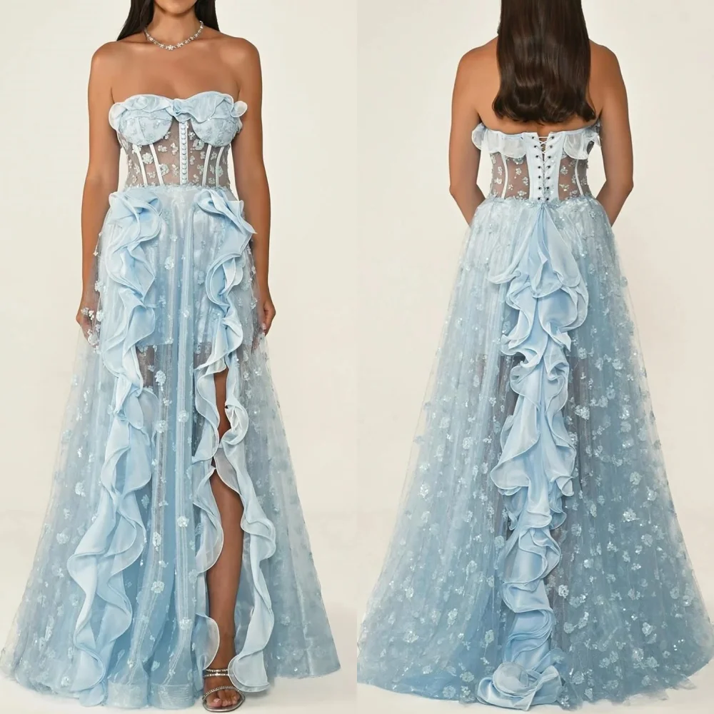 

Customized High Quality Net Sequined Pleat A-line Strapless Long Dresses Bespoke Occasion Formal Casual