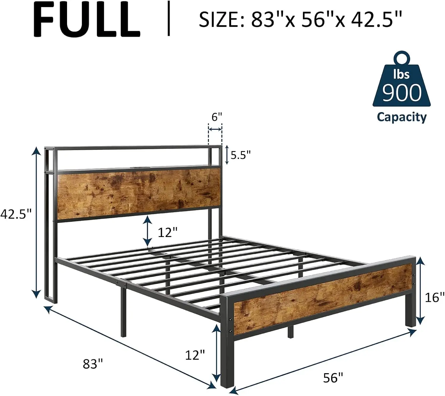 Full Size Bed Frame, Industrial Platform Bed with Charging Station, 2-Tier Storage Headboard/No Box Spring Needed/Noise-Free/Dar