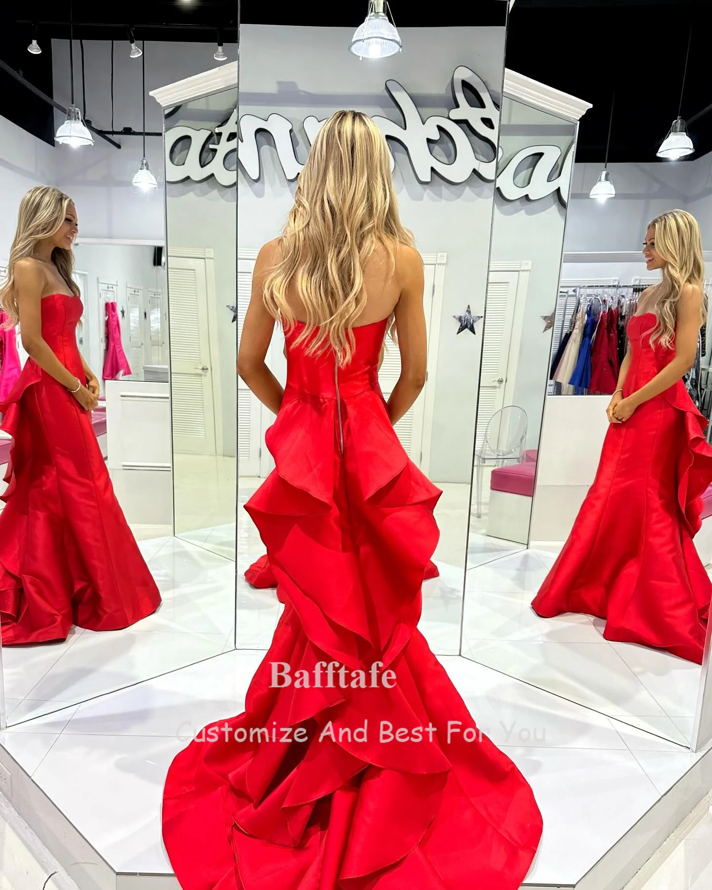 Bafftafe Red Mermaid Satin Prom Dresses Formal Ruffles Tiered Long Special Party Dress Women Evening Gowns soirée Customized