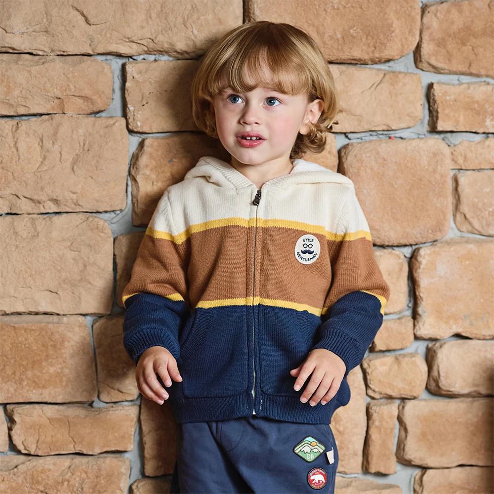 Dave Bella Children Coat Autumn Winter Boys' Contrasting Warm Hooded Top Cardigan Sweater Children Clothing Outerwear DB4243007