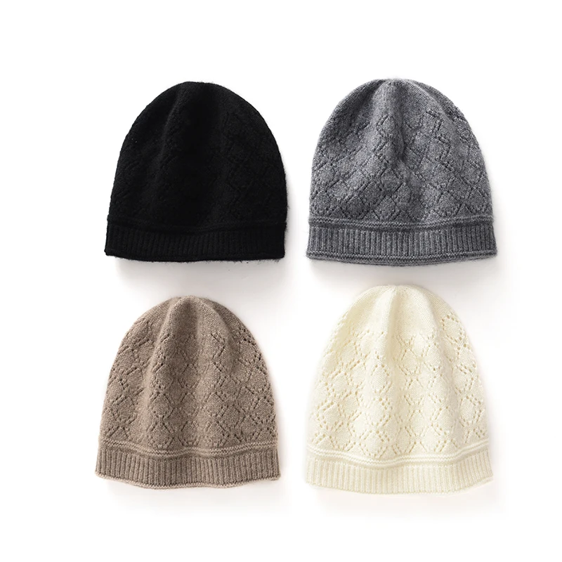 Autumn Winter 100% Cashmere Hat Diamond Hollow Warm Women's Knitted Hat Versatile Cold-Proof Ear Protection Head Wrap Hat
