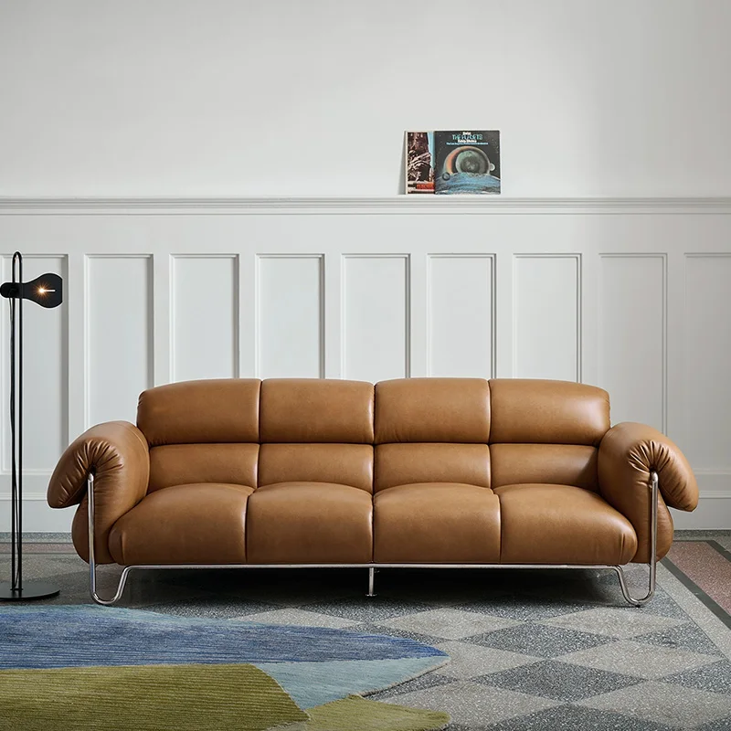 #Genuine Leather Three Seat Retro Style Sofa Movable Design High Density Sponge Filling Top Layer Cowhide Cover For Living Room