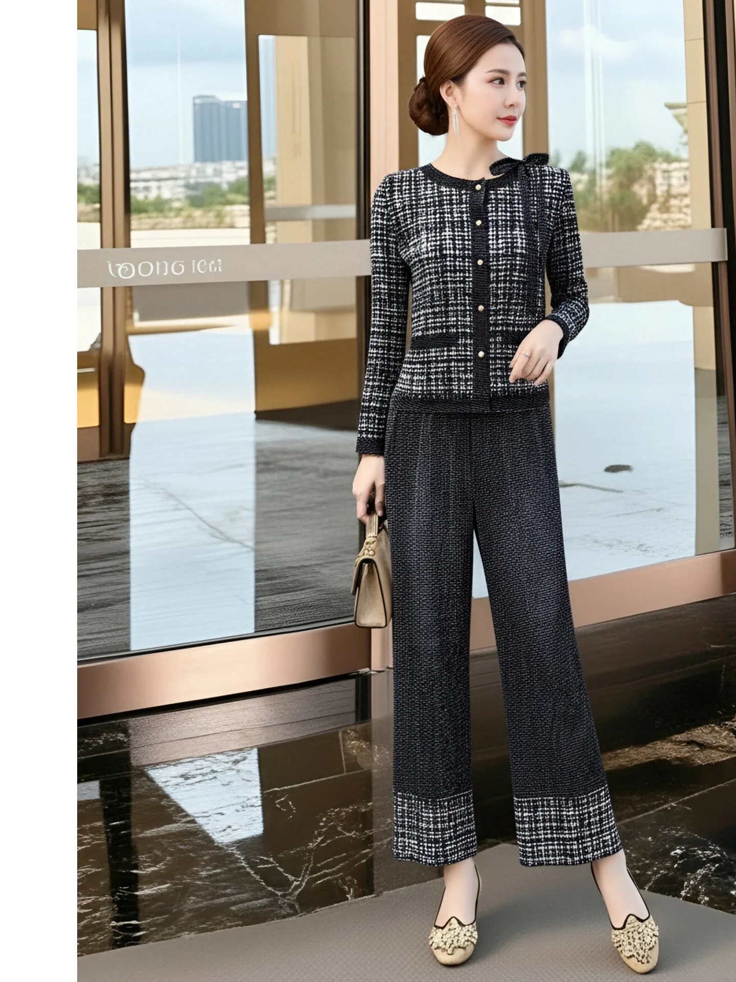 High-End Plaid Denim Set Women's Spring New Three-Dimensional Pleated Elegant Mom Clothes Spring Two-Piece Set Casual Sportswear