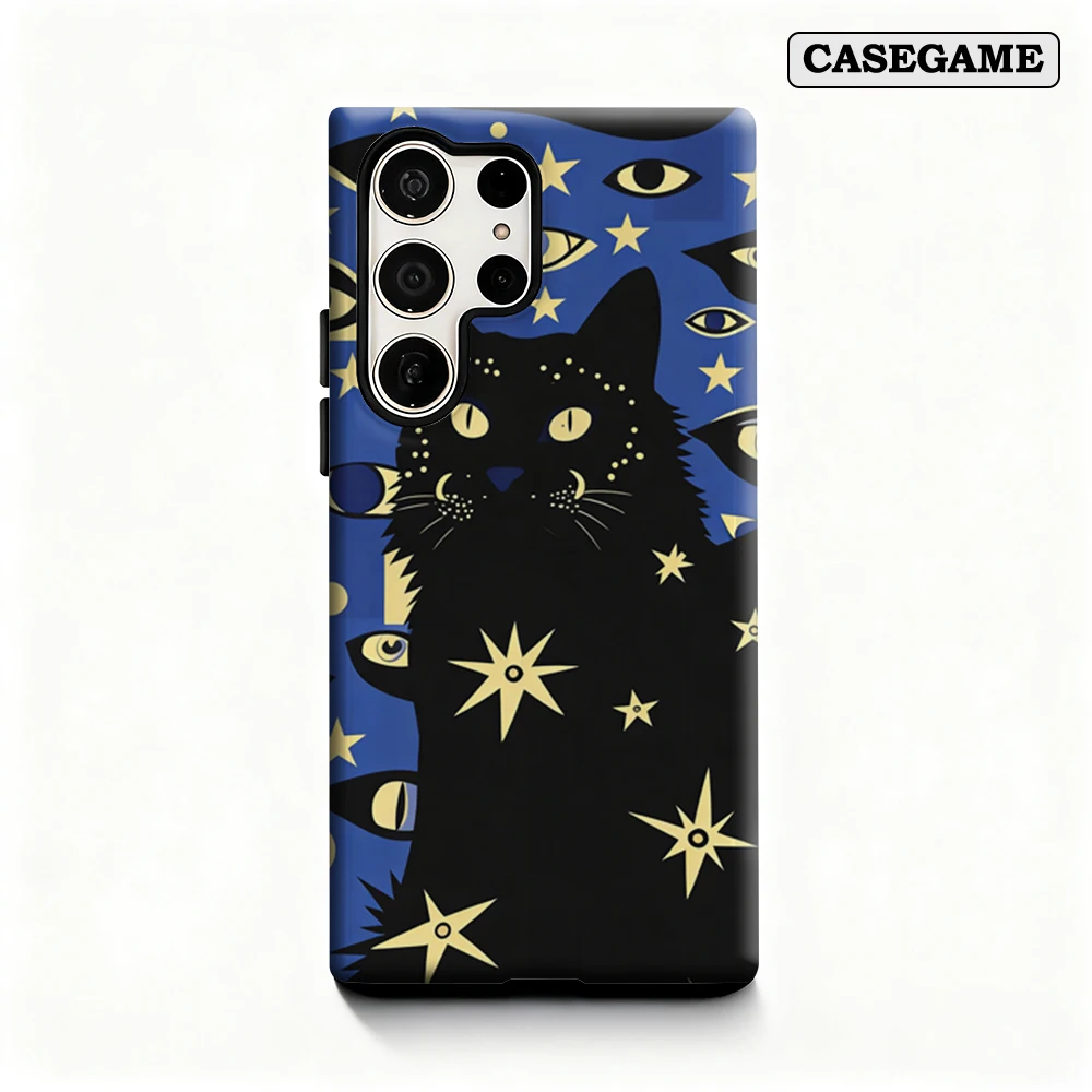 Casegame Phone Case for Samsung Galaxy S25 S26 Ultra S24 S23 Ultra Plus Shockproof Double Layer Mystical Black Cat Cover