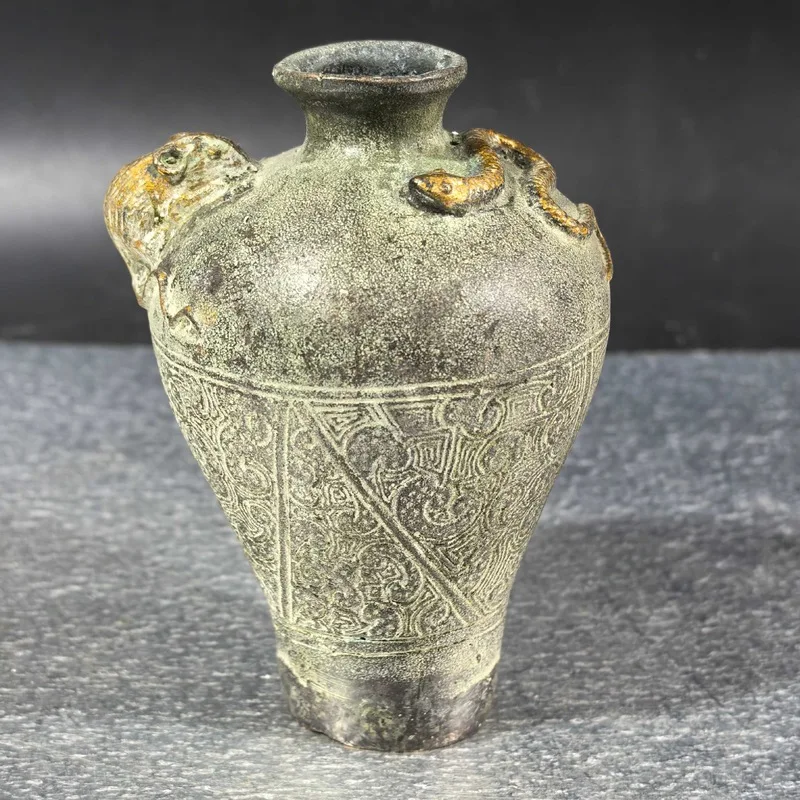 Antique Collection: Bronze , Big-Belly Snake Rat Vase, Ornament for Good Fortune and Success