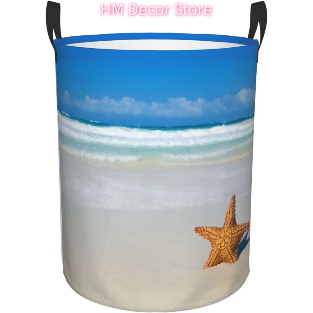 

Starfish on Sand Beach Laundry Basket with Handle Waterproof Collapsible Cloth Hamper Round Storage Basket for Bathroom Bedroom