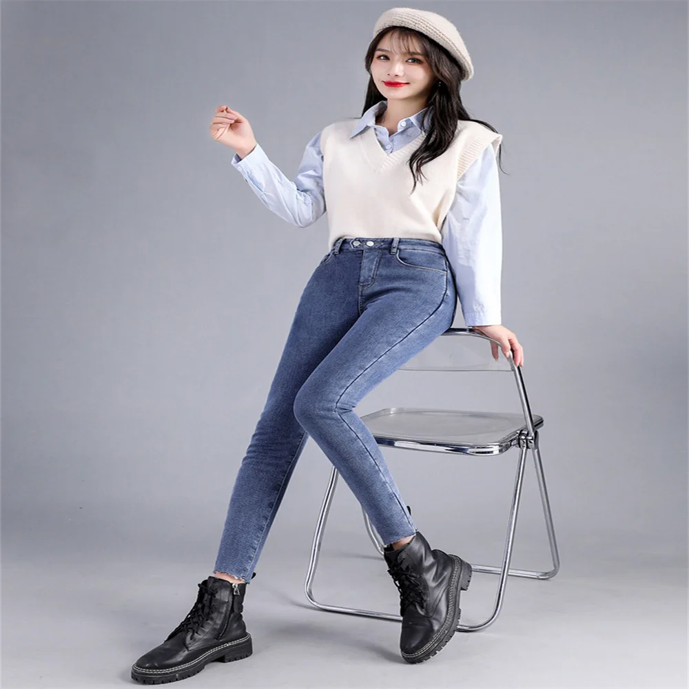 

Women Winter Fleece Velvet Warm Jeans Thick Trousers High Waist Elastic Pants Mom Jean Stretch Pencil Pant Hot Legging