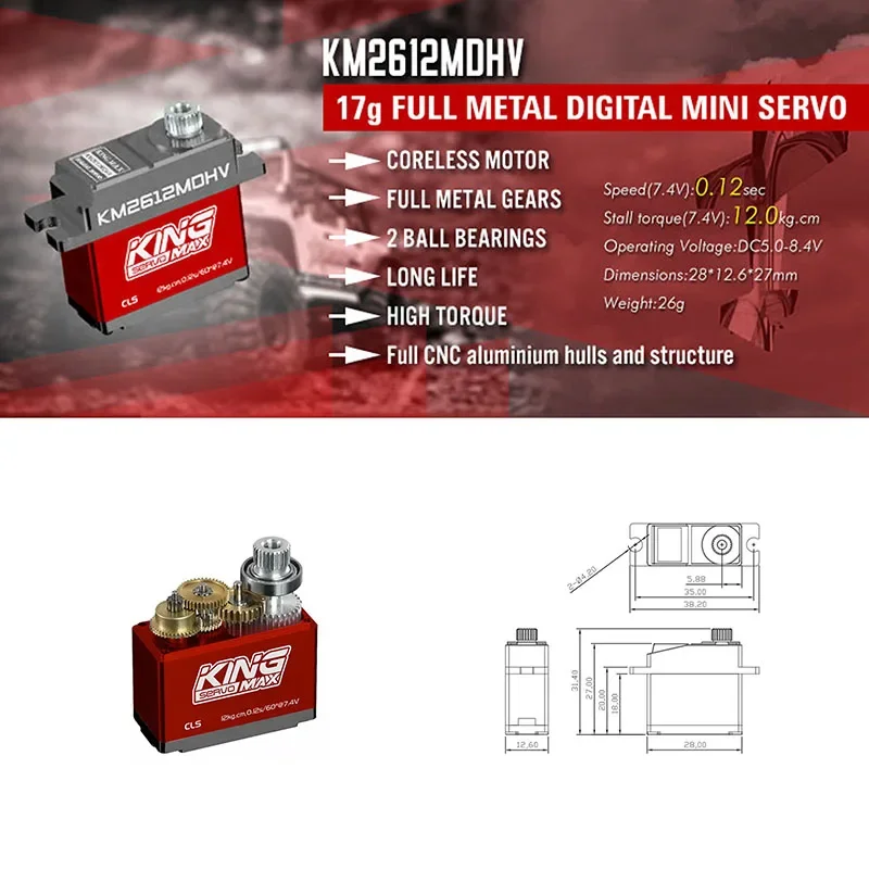 Kingmax-engranaje de Metal de alta precisión, Mini Servo Digital de alto rendimiento para coches RC, barcos y helicópteros, KM2612MDHV, 17g, 12kg.cm