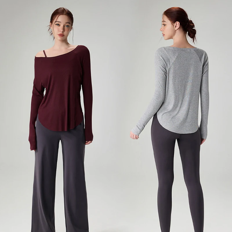 Women's Naked Feel Yoga Top, Loose Fit Off Shoulder Workout Shirt with Flowy Sleeves, Breathable Long Sleeve Athletic Wear