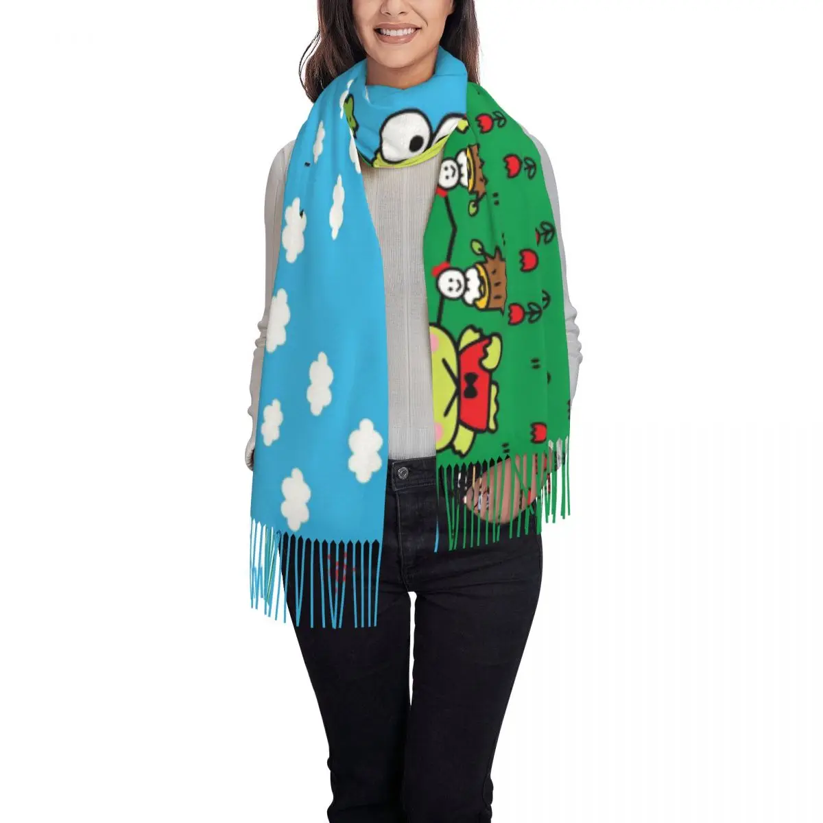 Custom Kerokero Keroppi Tassel Scarf Women Winter Warm Shawls Wraps Ladies Scarves