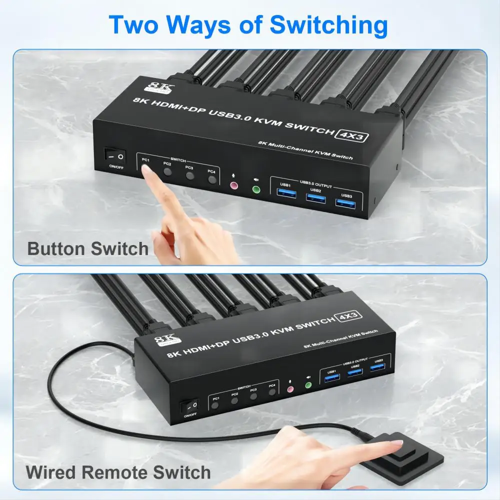 KVM Switch 3 Monitors 4 Computers 8K@60Hz, 2 HDMI+1 Displayport KVM Switch Triple Monitor for 4 PC Share 3 Monitor 3 USB3.0 Port