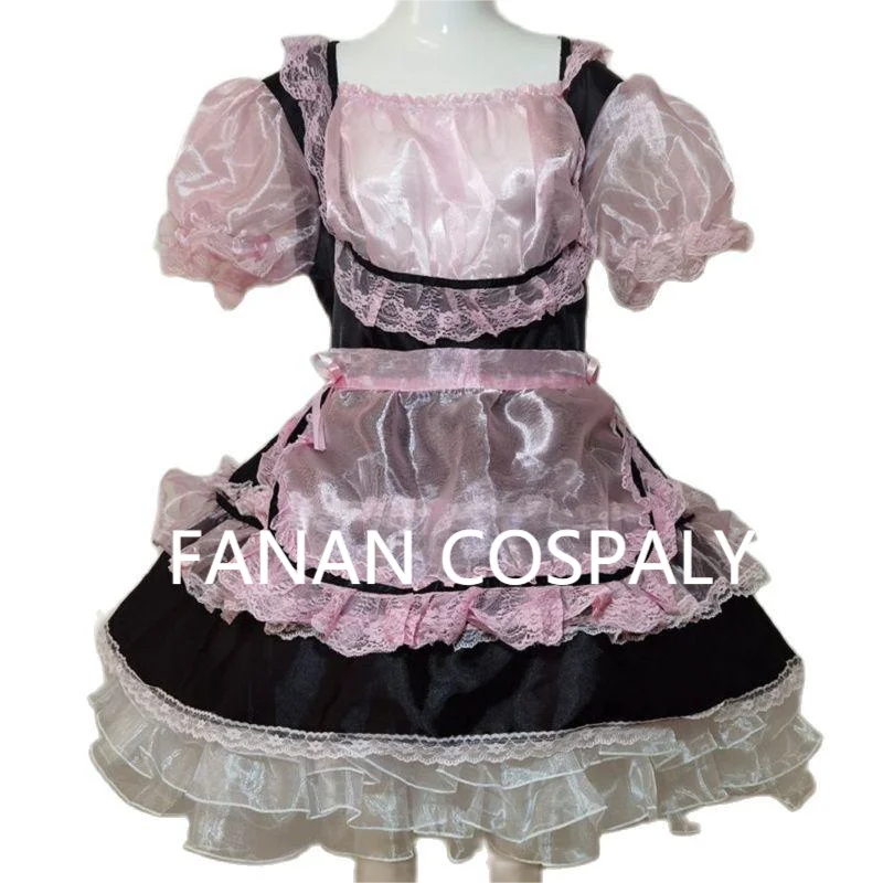 

Adult Giant Baby Sexy Girl Pink Thin Organza Semi Transparent Open Chest Sissy Black Satin Dress Maid Role-playing Lockable