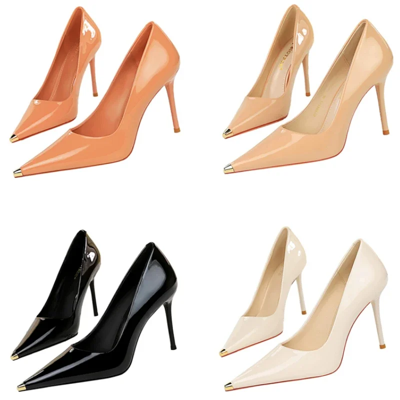 Women Fetish 9.5cm High Heels Glossy Leather Career Pointed Toe Pumps Metal Cap Formal Occasion Stiletto New Lady Outside Shoes