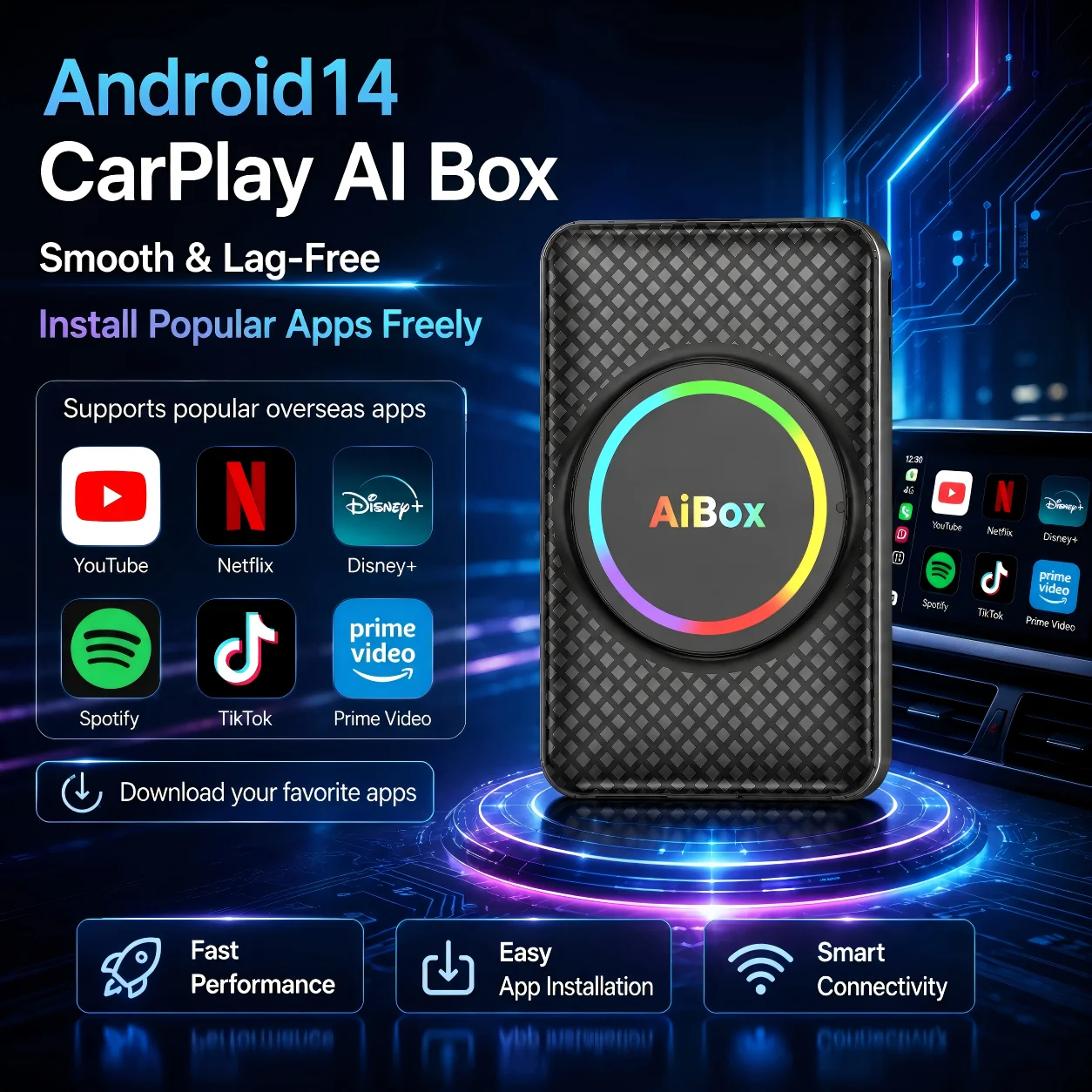 CarPlay AI Box Android 14 Wireless CarPlay & Wireless Android Auto Built-in Netflix YouTube For Cars With Factory Wired CarPlay