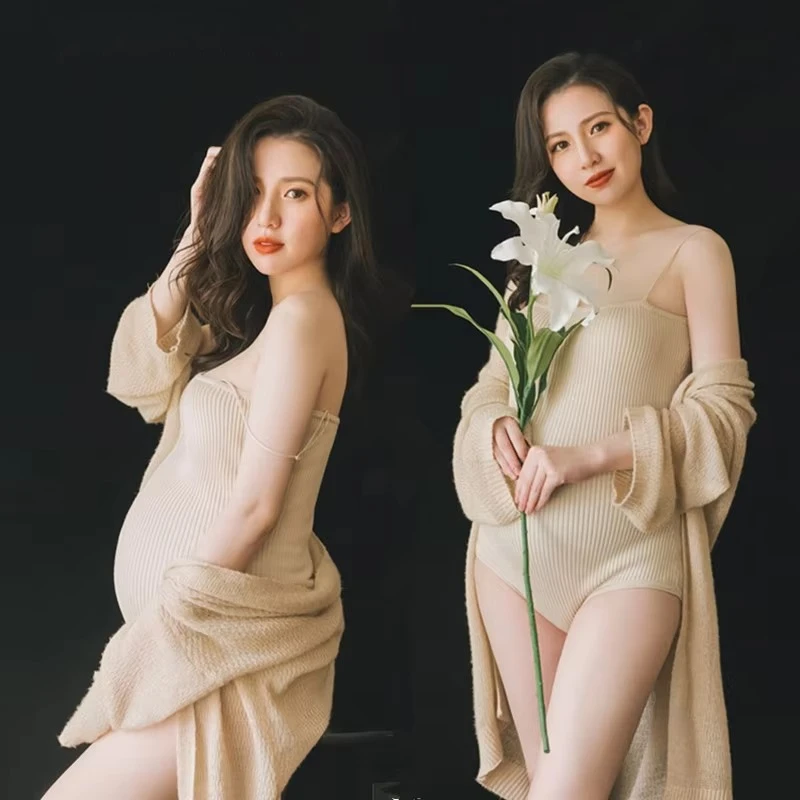 

Women Photography Props Maternity Dress Pregnancy Elegant Dress Knitted Bodysuits with Cardigans 2pcs Studio Photo Shoot Clothes