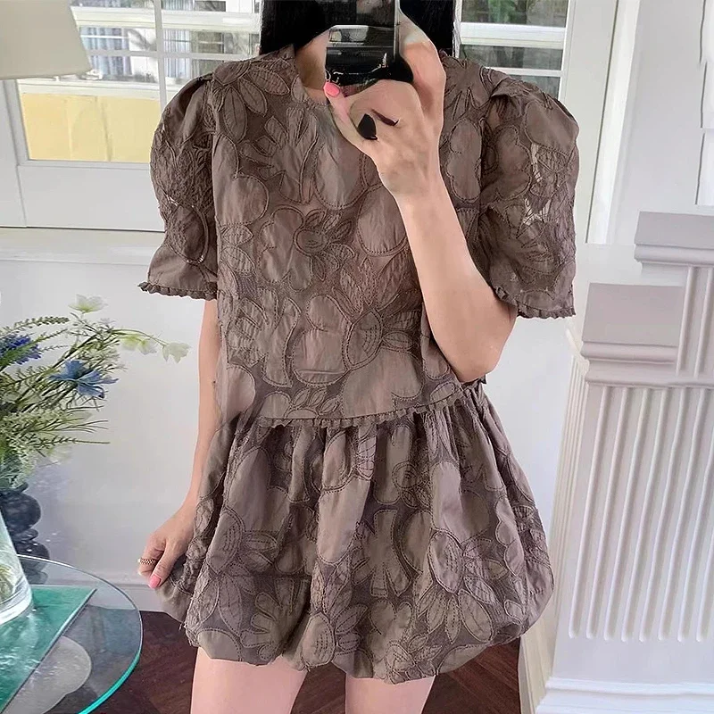 Neploe Fashion Suit Women Handmade Cut Flower Stitching Puff Sleeve Loose Shirt+Wide Leg Swing Shorts 2024 Conjuntos De Falda