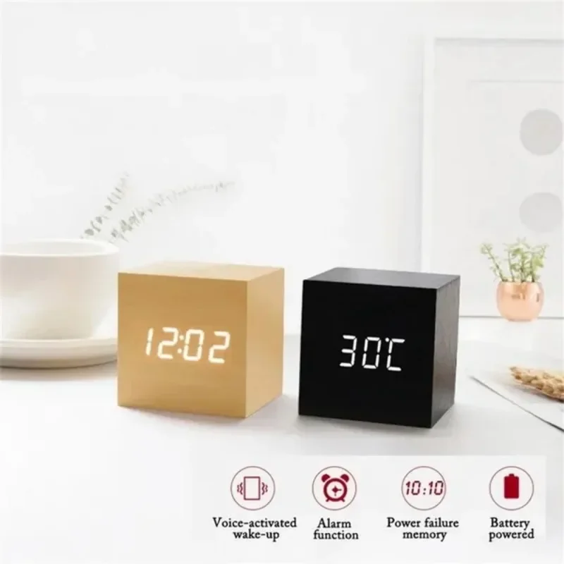 Picture 7: Voice Control Digital Electronic Clock Luminous Smart LED Wooden Alarm Clock Multifunctional Desktop Timepiece