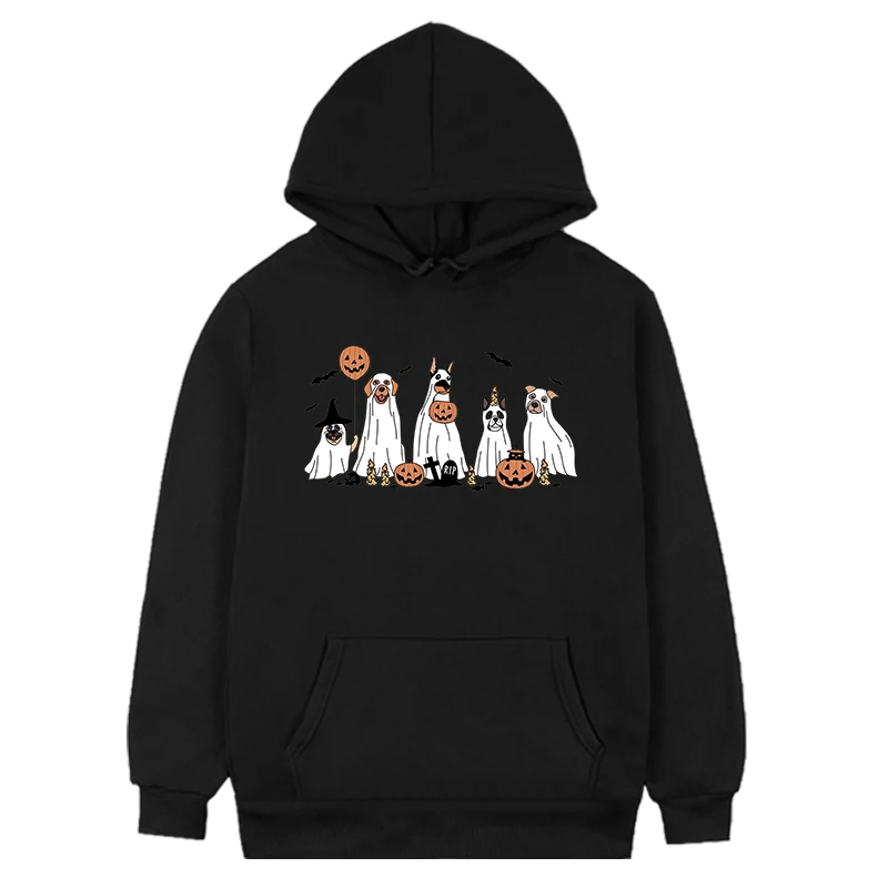 Hoodie feliz Halloween feminino, moletom de Halloween, tops de temporada retrô assustador, capuz de cachorro fantasma, 2023