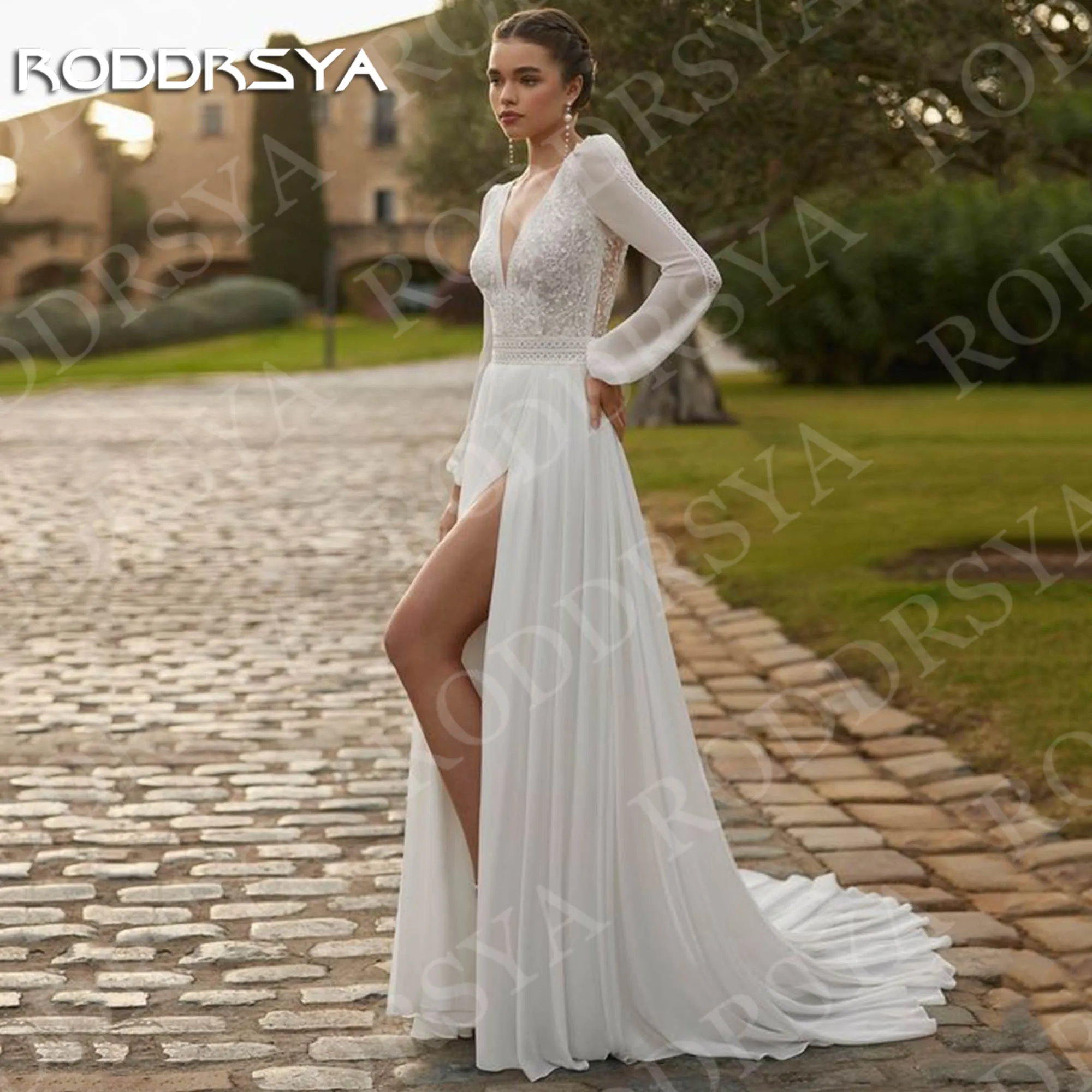 

RODDRSYA Boho Wedding Dress Long Sleeve A Line Elegant Lace V Neck High Slit Chiffon Bridal Dresses Customized vestido de novia