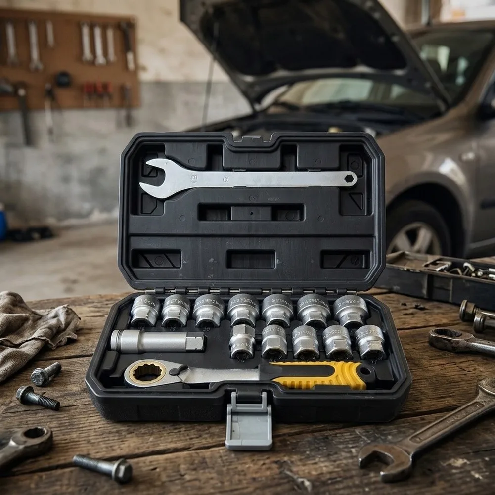15Pcs Socket Wrench Open End Spanner Set Ratchet Car Repair Tool Kit With Storage Case For Automotive DIY Maintenance