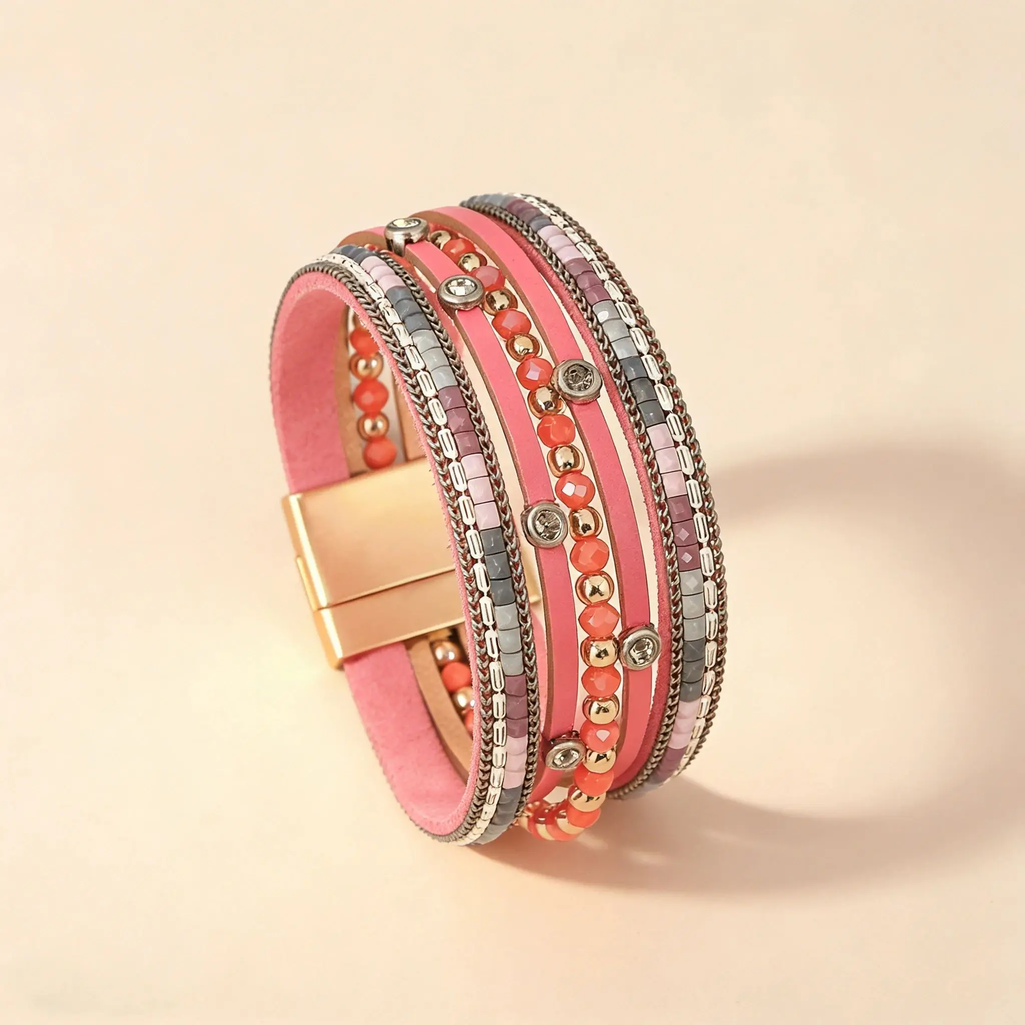 

Amorcome Multi Layer Beading Leather Bangles Vintage Wraps Bangles For Women Magnet Clasp Crystal Bracelets Fashion Jewlery