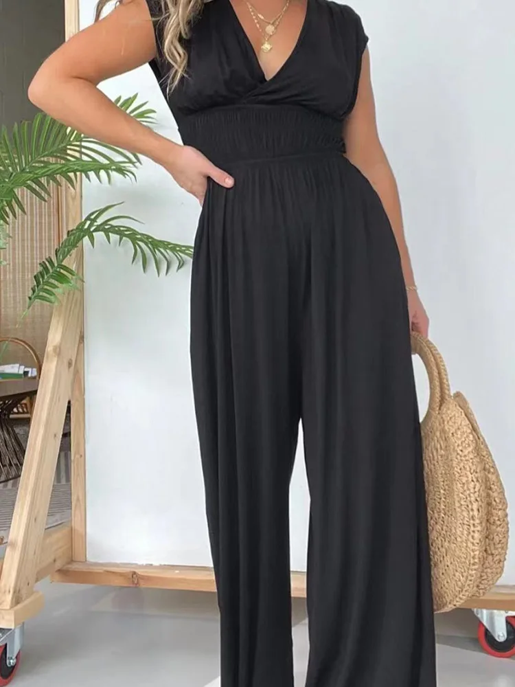 

2024 Sleeveless Patchwork Women Wide Leg Pants Elegant Female Summer Solid Romper V-Neck Fashion Commute Street Solid Jumpsuits