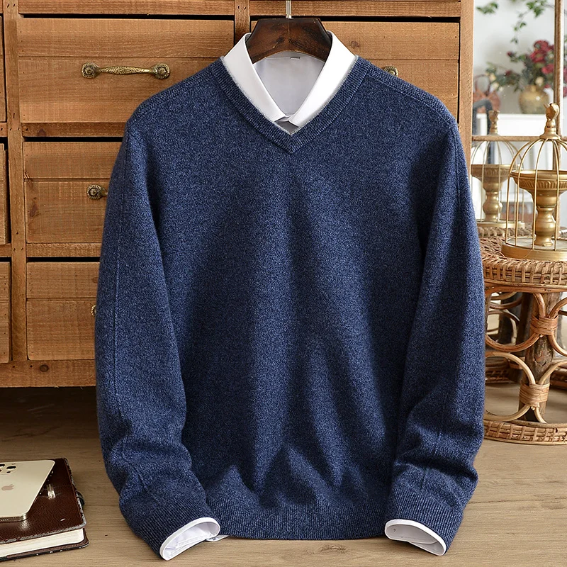 Autumn and winter new 100% pure cashmere sweater men's V-neck thickening middle-aged thickening solid color business sweater