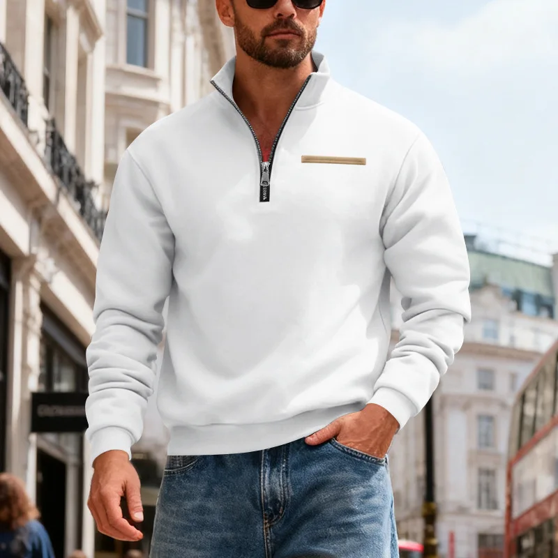 سويت شيرت رجالي شتوي من الصوف على الطراز الأمريكي، قميص رياضي خارجي دافئ وفضفاض مع ياقة واقفة مخططة بألوان متباينة