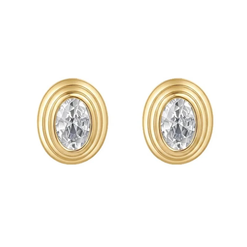 S925 Silver Plated with 18K Gold, Lab-Grown Diamond-Cut Oval Moissanite Threaded Earrings  Wholesale & Customization