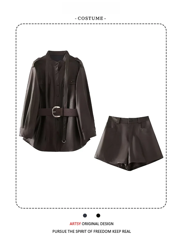 

Модный кожаный жакет и брюки с широкими штанинами, комплект из двух предметов, женская повседневная одежда для ранней осени, с круглым вырезом, на пуговицах, из хлопка...