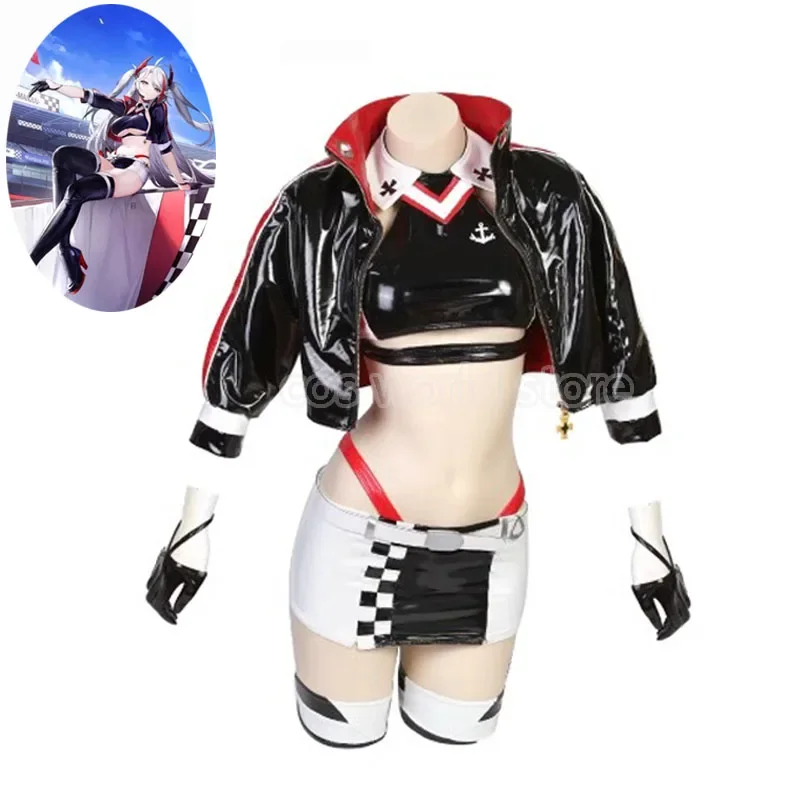 Game Azur Lane Prinz Eugen Cosplay Costume Women Sexy Leather Tops Skirt Jacket Suit Bunny Girl Racing Uniform Halloween Costume