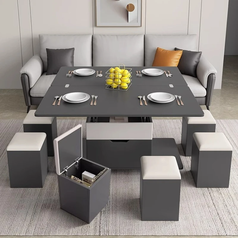 

Small apartment lift coffee table dining table integrated two-in-one with stool living room folding movable