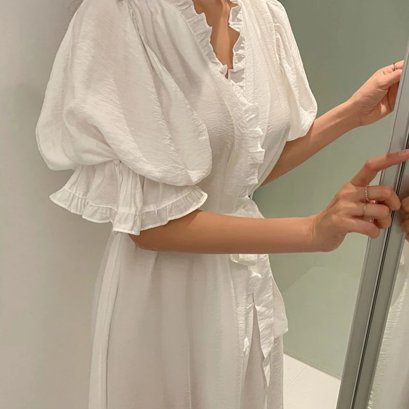 

Puffer Sleeve Homesuit Nightwear For Female Women's Ruffles Bathrobe Short Sleeve Solid Korea Style Ladies Dressing Gown