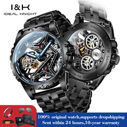 IDEAL KNIGHT 6803 Fashion Tourbillon Mechanical Watch For Men 44mm Big Dial Original Hand Clock Flywheel Skeleton Man Watch Set