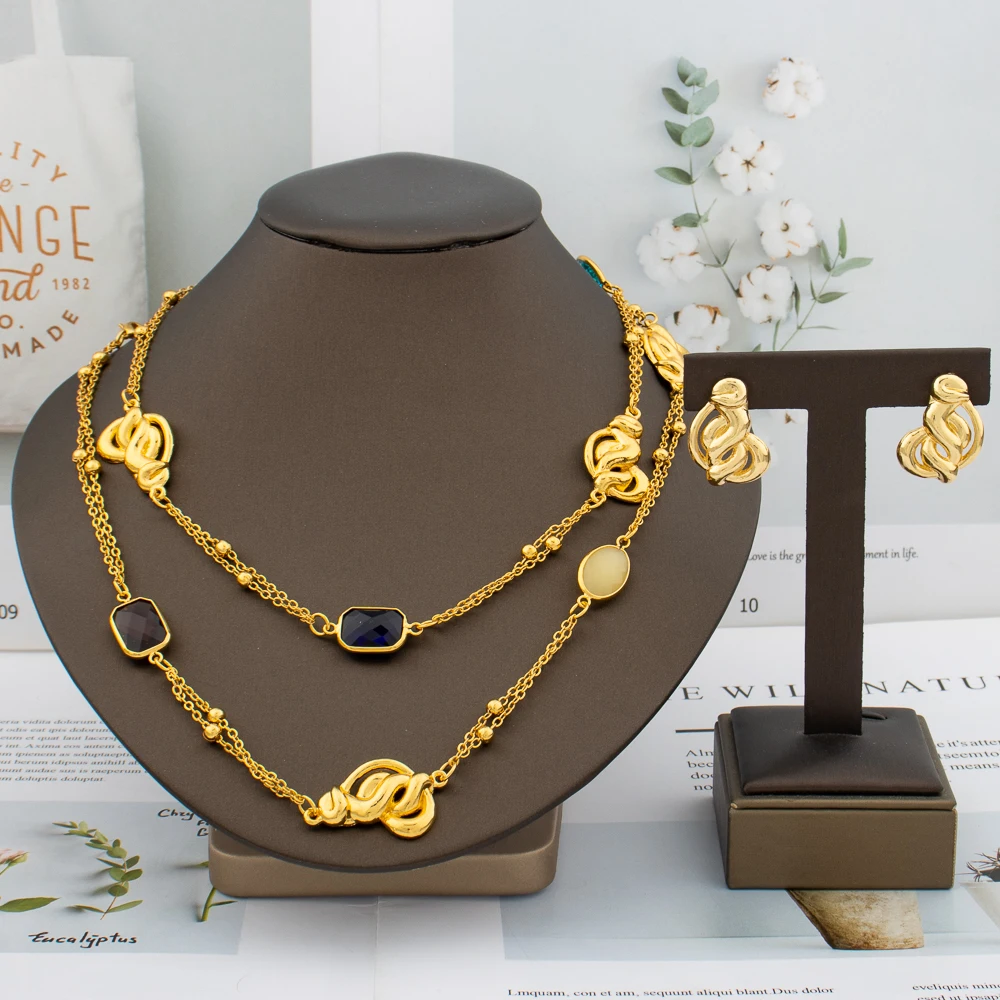 2023 New Dubai Gold Color Bead Chain for Women Rose Flower Earrings Pendant Copper Luxury Necklace Jewelry Set Bride Long Chain