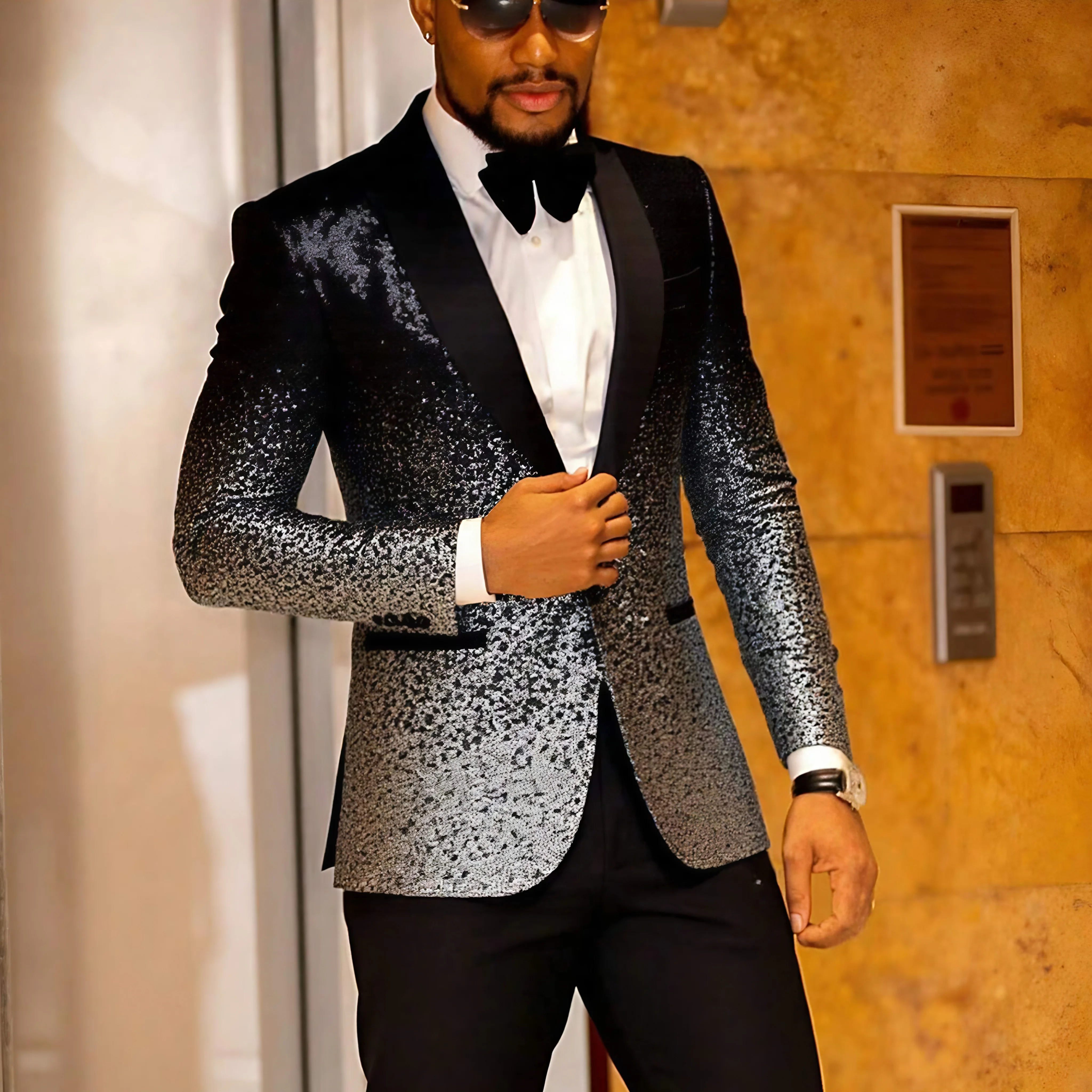 

Men's sequined sparkling ball gown jacket with single-button design, as well as tuxedos and sports jackets suitable for wedding