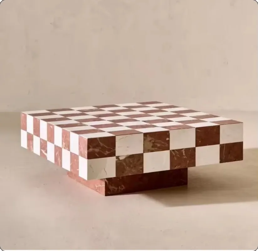 Modern Marble Coffee Table Unique Style with Natural Red and White Square Checkerboard Square  Plinths Pedestal Coffee Table