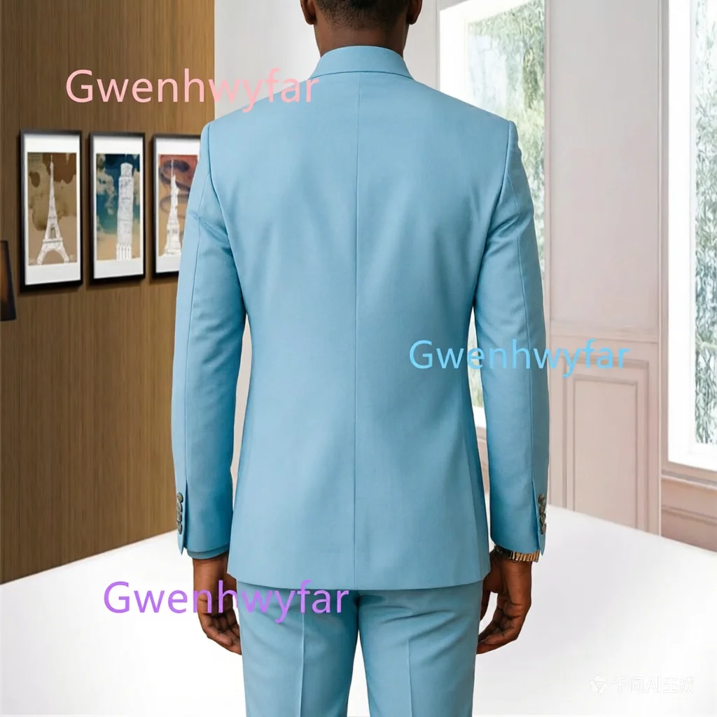 G&N Men's 2-piece Suit Light Blue Invisible Button Blazer Pants Set African Style Business Dress Gold Buttons Outfits for Party