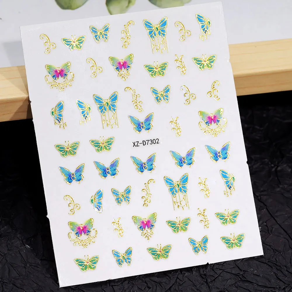 Pegatinas 3D bronceadas para decoración de uñas, mariposa dorada y rosa, 1 Uds., pegatinas para uñas con flores cruzadas/retro, 8x10, adhesivo, mariposas de hadas, decoración para uñas