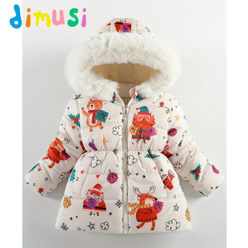 Winter Kids Coat Outdoor Casual Hooded  Girls'Mid Length Cotton Padded Jacket Fashion Cartoon Warm Jacket Children's Clothing