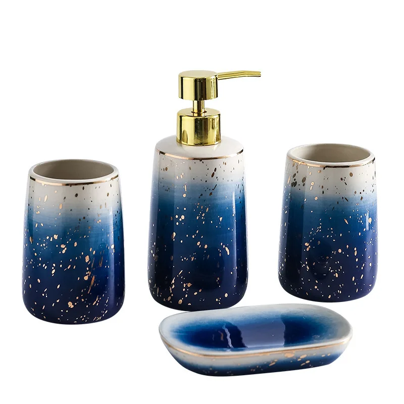 

4-Piece Blue Ceramic Bathroom Set with Gold Star Accents Toilet Soap Dish Toothbrush Holder Tumbler Set