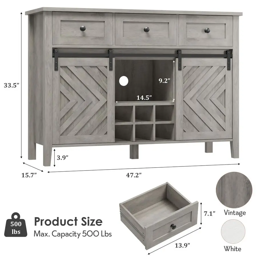 47.2 in Farmhouse Buffet Cabinet with Sliding Barn Door, Rustic Sideboard with 3 Drawer, Removable Wine Rack, Farmhouse Sideboa