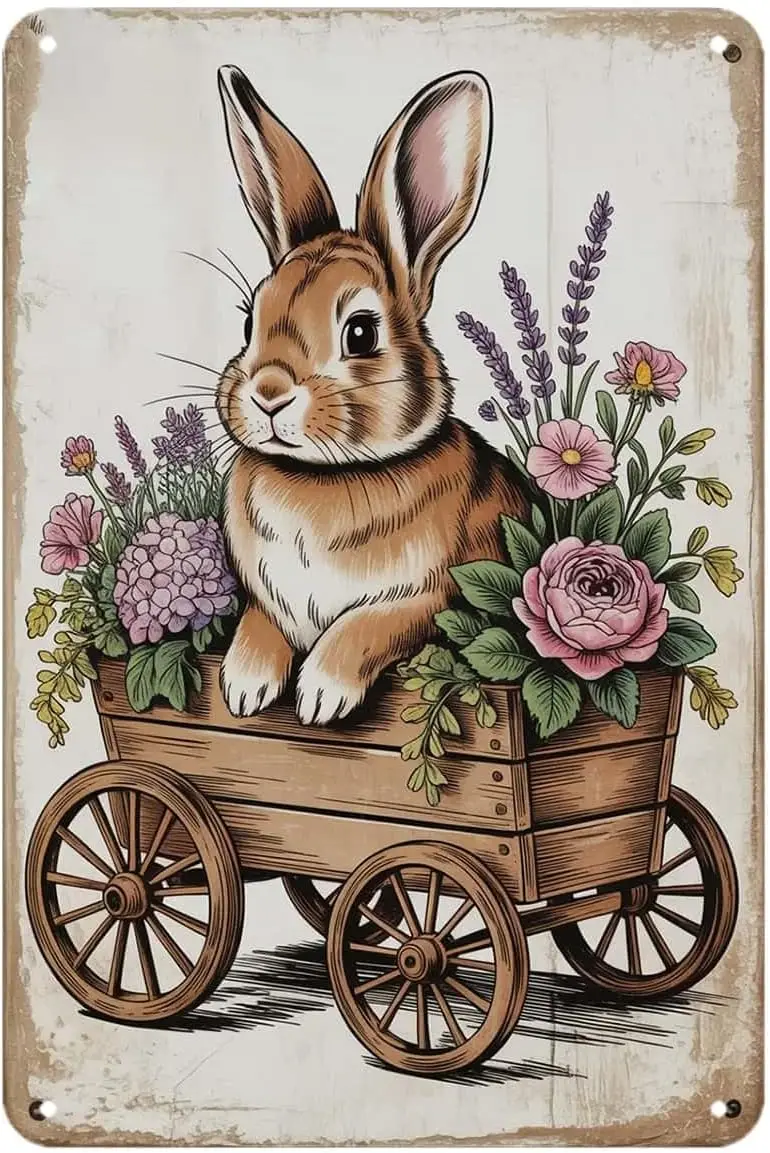 Cute Rabbit in Flower Wagon Tin Sign Farmhouse Floral Bunny Aesthetic Vintage Metal Signs Wall Decor for Kitchen Bar Cafe Bedroo