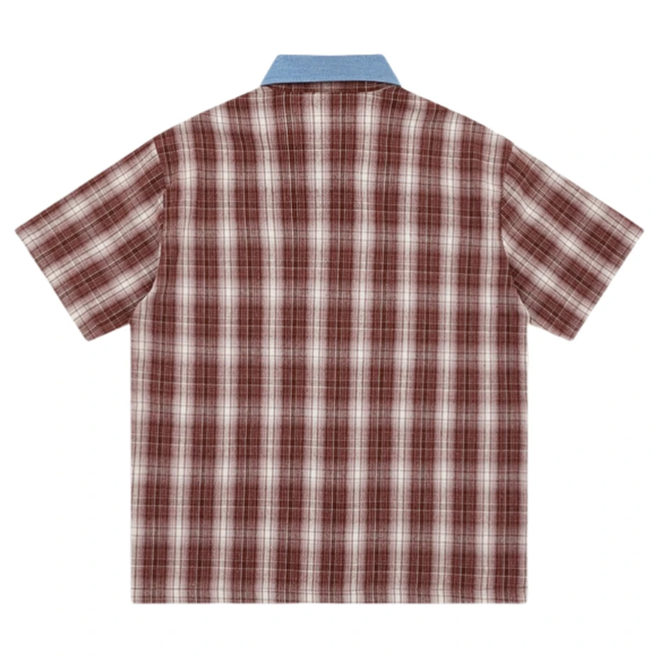 Summer Mens Plaid Short Sleeve Shirts Hip Hop Letter Embroidered Blouses Harajuku Streetwear Vintage Casual Fashion Loose Shirts